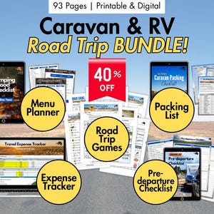 May include: A digital bundle for caravan and RV road trips, featuring a menu planner, packing list, expense tracker, road trip games, and pre-departure checklist. The image includes a tablet, laptop, and printed pages, with a 40% off promotion.