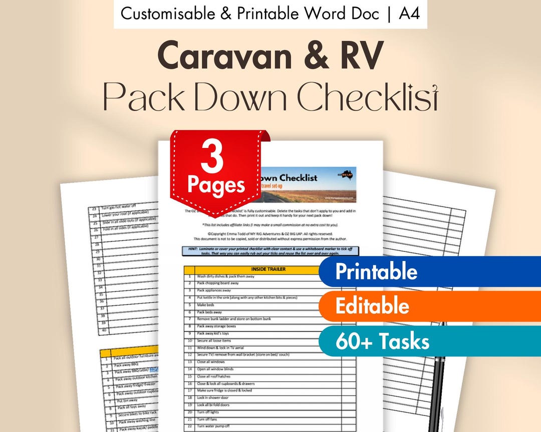 Caravan Checklist.pdf RV Pack Down Checklist Printable, Caravan Pre-travel Planner, Motorhome ...