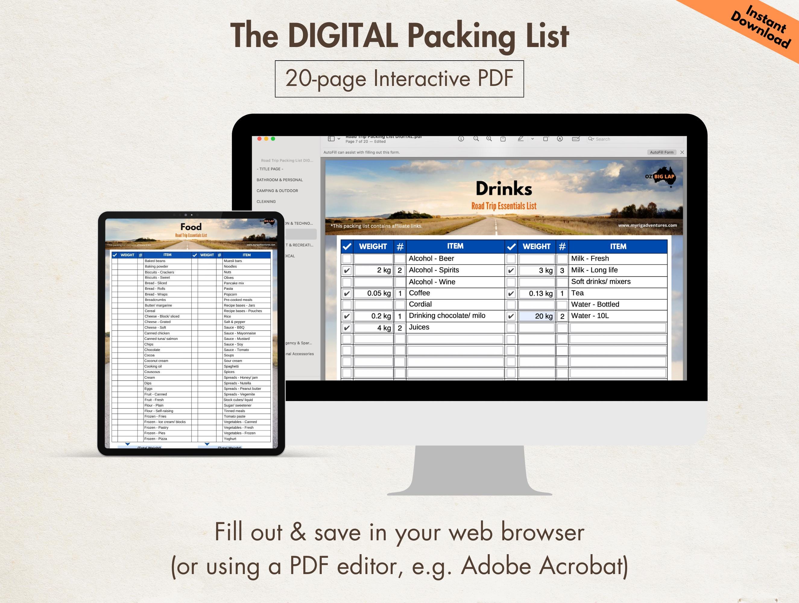 Road Trip Packing List Printable, Digital Travel Checklist, Fillable ...
