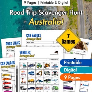 May include: A printable and digital road trip scavenger hunt for Australia. The image shows several pages with different scavenger hunt categories, including car badges, road signs, and vehicles. The image also includes the text "7 Games" and "9 Pages".