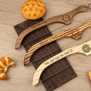Custom Engraved Bow Bread Knife, Personalized Bread Slicer for Homemade Sourdough Bread, Gifts for Bakers, Wooden Serrated Bow Knife