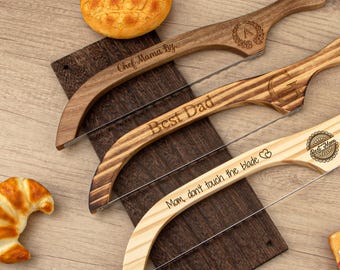 Custom Engraved Bow Bread Knife, Personalized Bread Slicer for Homemade Sourdough Bread, Gifts for Bakers, Wooden Serrated Bow Knife