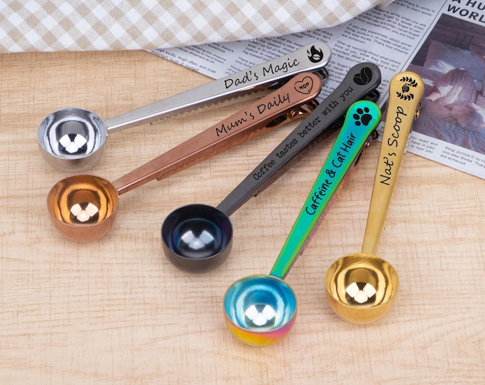 Custom Coffee Scoop and Clip, Personalized Gift for Mom, Engraved Measuring Spoon, Coffee Lover Gift, Grandma Gift