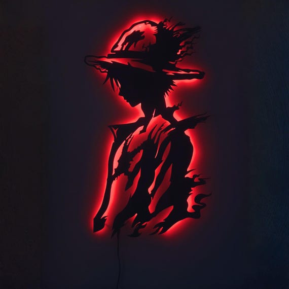 Straw Hat Pirates Monkey Luffy LED Lighted Metal Wall Art, One Piece Anime Game Room Decor, Japanese Manga Series Metal Holdings