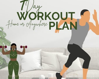 Op de afbeelding: Een 7-daagse workoutplan-afbeelding met de tekst "Home or Anywhere PLAN" en twee personen die trainen. Een persoon tilt gewichten en de andere rent.