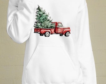 Sudadera con capucha retro con árbol de Navidad y camión rojo: sudadera acogedora para las fiestas