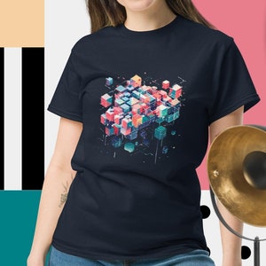 Abstraktes Würfel-Muster T-Shirt - Cyberpunk Pixel Tee