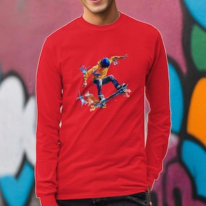 Long Sleeve Skateboarding Shirt - Skateboarder Art Design - Skateboarder Gift - Extreme Sports Apparel - Men&#39;s Skateboarding Long Sleeve Tee