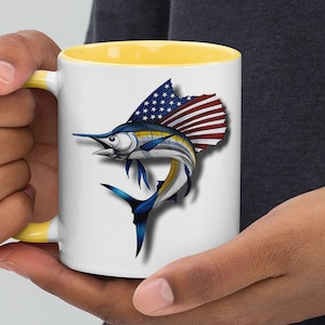 Blue Marlin Flag Fin Mug Color Inside - Ceramic Sail Fish Coffee Cup - Blue Marlin Mug Different Color Inside - Deep Sea Fish Lover Gift