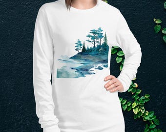 Minimalist Nature Graphic Long Sleeve Tee - Hiking Wilderness Top
