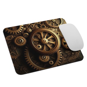 May include: A brown and gold mouse pad with a design of interlocking gears. The gears are in various sizes and are arranged in a random pattern.