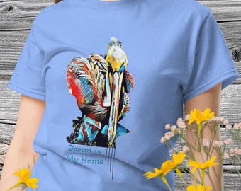 ペリカングラフィックTシャツ：海をイメージしたコットンTシャツ