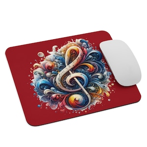 May include: A colorful mousepad with a treble clef surrounded by swirling, abstract designs in shades of blue, red, yellow, and green. The background is a solid red.