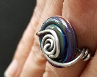 Rainbow Ring - sterling silver wire ring with lampwork