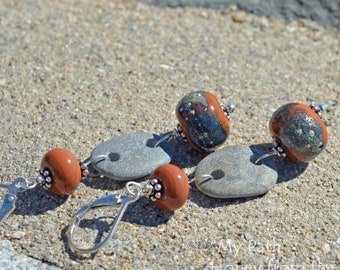 Beach Stone Earrings with raku lampwork - terracotta earrings - Nature's Path; rustic burnt orange earrings