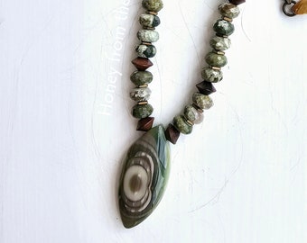 Imperial Jasper necklace with faceted rainforest jasper, wood and brass - Artisan jewelry by Honey from the Bee