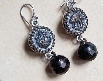 Antique button earrings - dangle earrings in black and silver - Artisan Jewelry by Honey from the Bee