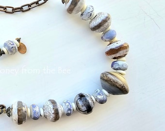 Beach necklace - Brazilian Agate with lampwork focal necklace - Lavender and white necklace - Artisan jewelry from Honey from the Bee