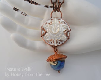 Nature Walk - Cream, Blue and Copper Acorn Statement necklace - Blue and White necklace - Artisan Jewelry by Honey from the Bee