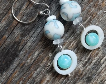 Lampwork and Peruvian Opal earrings - Sky Blue and white earrings