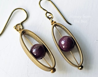 Ruby Earrings with gold plated pyrite and brass frames - Artisan Jewelry by Honey from the Bee