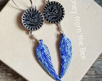 Lapis Lazuli Feather Earrings - Antique Black Glass Button earrings - Artisan Jewelry by Honey from the Bee