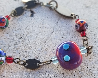 Red and Blue Bead bracelet - Lampwork - Casual bracelet - Artisan Jewelry by Honey from the Bee