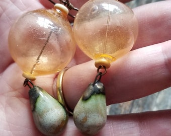 Boho earrings - Yellow and pale green earrings - statement earrings - rustic earrings - Artisan Jewelry by Honey from the Bee