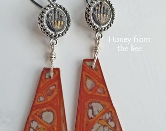 Butterfly Earrings - Fire Jasper Statement earrings - Antique Button Earrings - Artisan Jewelry by Honey from the Bee