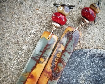 Red Creek Jasper earrings - Red and grey earrings - lampwork and gemstone earrings - Artisan Jewelry by Honey from the Bee