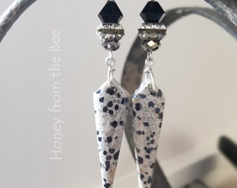 Elegant Stone earrings - Dalmatian stone Earrings - crystal earrings - statement earrings - Artisan jewelry by Honey from the Bee