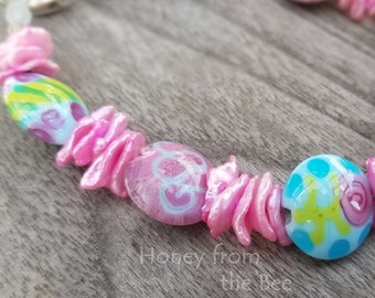 Rose Petals Bracelet - bright pink, blue and fresh green bracelet - lampwork bracelet