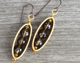 Smokey Quartz dangle earrings - brown and gold earrings - oval hoop earrings - Artisan Jewelry by Honey from the Bee