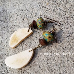 Boho style lampwork earrings teal lampwork and bone Artisan Jewelry by Honey from the Bee image 3
