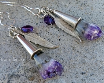 Amethyst Pendant with feather accent - adjustable chain - Artisan Jewelry by Honey from the Bee