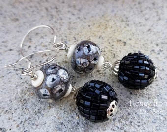 Black and White Boho earrings - Black and White lampwork earrings - beaded bead earrings - black and white earrings