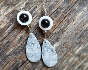 White and black earrings - shades of grey - Orbicular Rhyolite earrings - gemstone earrings from Honey from the Bee