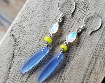 Blue and lime green earrings - Moonstone, cultured sea glass earrings - Summer dangle earrings - Artisan Jewelry by Honey from the Bee