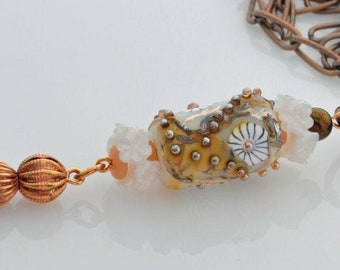Tunic length Mixed Metal Tassel Pendant - Yellow and White artisan necklace - Daisy lampwork necklace