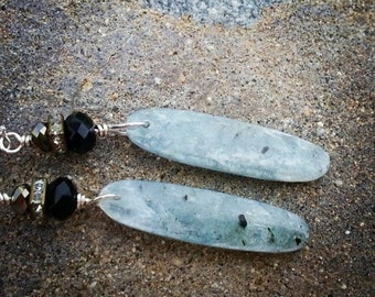 Crystal and Kyanite Earrings - Enchanted Evening - steely blue with black and crystals