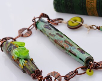 Mixed Media Frog Necklace - Frogger - lime, copper, green, wood - one of a kind necklace - statement necklace