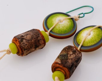 Woodland earrings - lime green, brown, green lampwork with wood - Frogger - Artisan Jewelry by Honey from the Bee