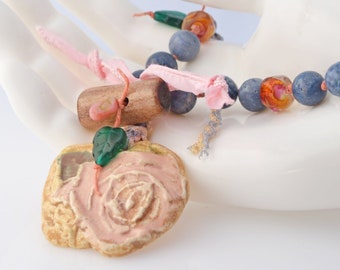 Pink Rose Necklace - Ceramic Rose Necklace with denim blue coral beads - Artisan Jewelry by Honey from the Bee