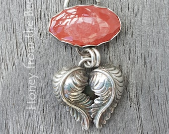 Heart of the Matter - Rhodochrosite Silver Heart Pendant - Pink gemstone and Feathers pendant - Artisan Jewelry by Honey from the Bee