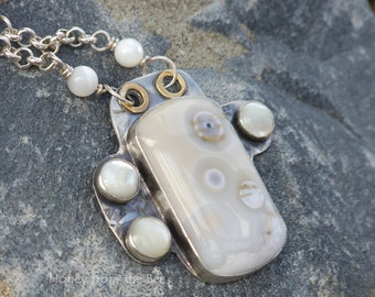 White Ocean Jasper Necklace - Ocean Jasper and Mother of Pearl necklace - One of a kind necklace