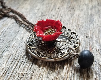 Red Poppy Pendant with Filigree and upcycled vintage buckle - Red Poppy Necklace - artisan necklace - one of a kind necklace