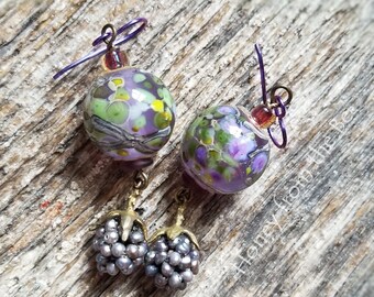 Blackberry Lampwork Earrings - Lavender and green earrings - Artisan Jewelry by Honey from the Bee