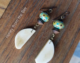 Boho style lampwork earrings - teal lampwork and bone - Artisan Jewelry by Honey from the Bee
