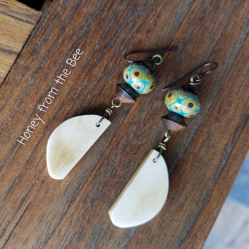 Boho style lampwork earrings teal lampwork and bone Artisan Jewelry by Honey from the Bee image 1