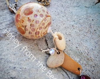 Hollow lampwork and beach stone Pendant - Talisman Pendant - statement necklace - Boho style - Artisan Jewelry by Honey from the Bee